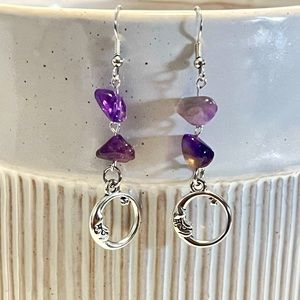 Amethyst crystal chips, Silver moon charm earrings